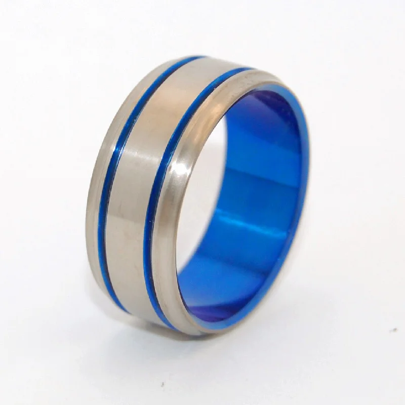 Boho rings with turquoise for earthy finger style -Double Blue | Men's Blue Anodized & Titanium Wedding Ring