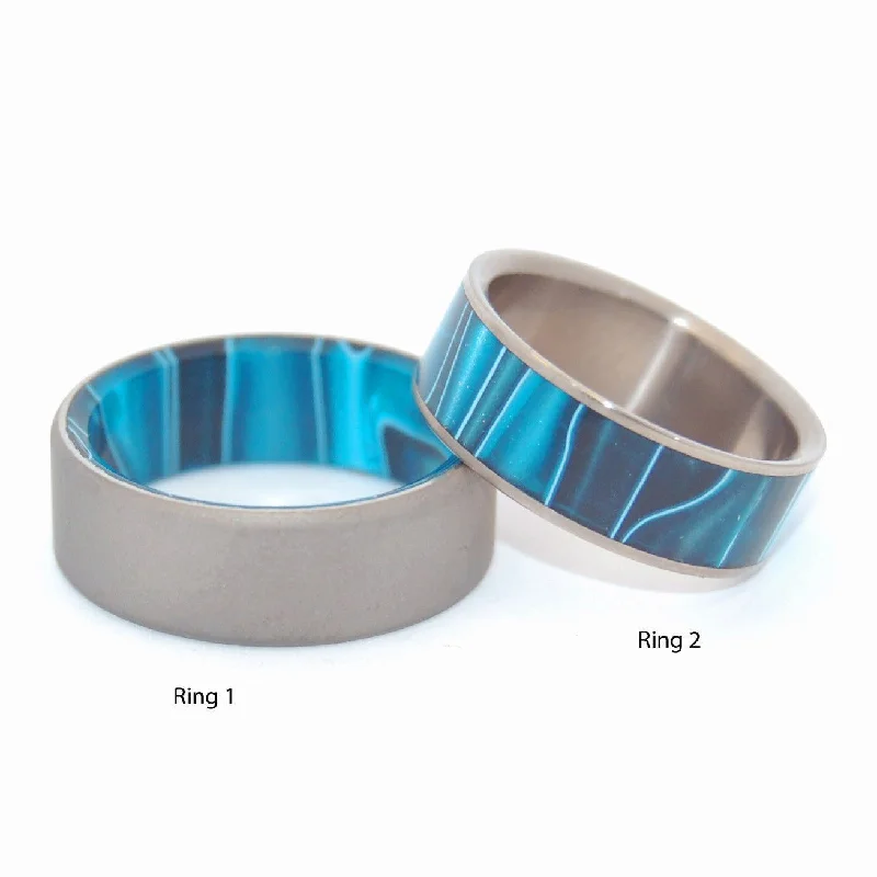 Glamorous rings perfect for dazzling evening finger wear -Time Travel | Aquatic Blue Resin - Unique Titanium Wedding Ring