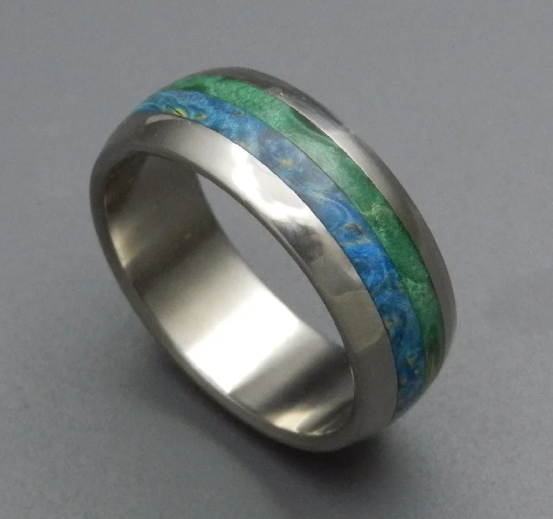 Sculpted rings with carved bands for finger art -Bliss | Men's Blue Box Elder Wood & Titanium Wedding Ring