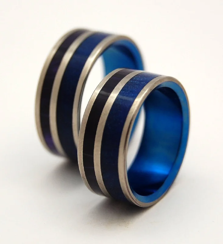 Open rings with airy bands for finger style -Behind The Falls | Blue & Purple Resin - Matching Titanium Wedding Ring Set