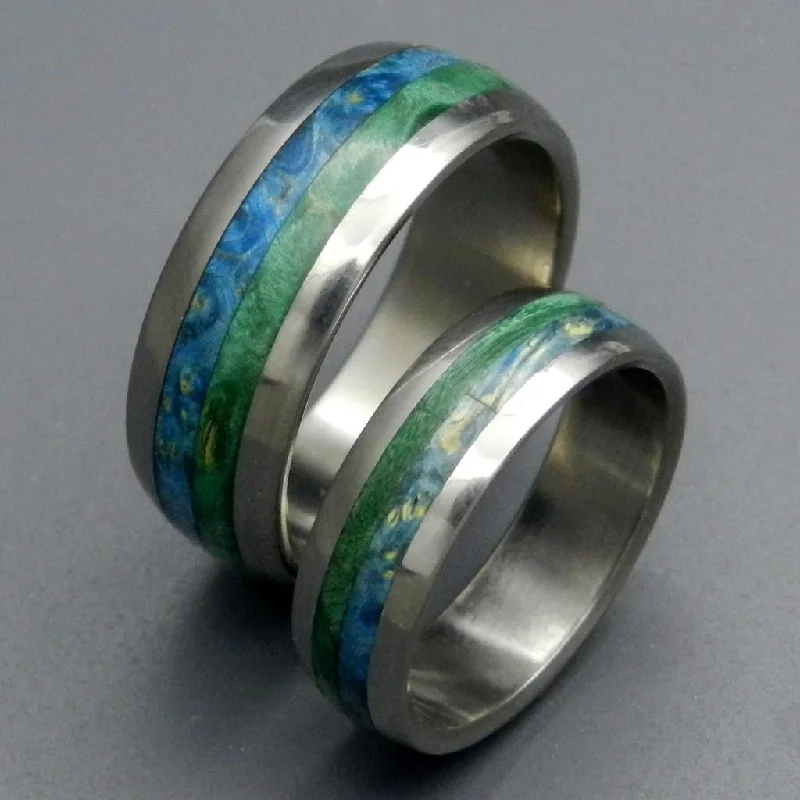 Chunky rings designed for loud finger fashion statements -Bliss | Blue Box Elder Wood & Titanium - Wedding Ring Sets - Unique Wedding Ring