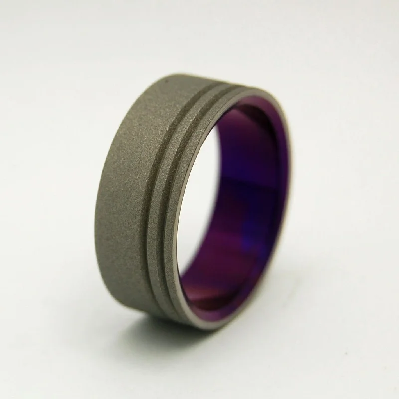 Rings featuring rose quartz for gentle pink shine -To The Future Purple | Men's Purple & Titanium Wedding Ring