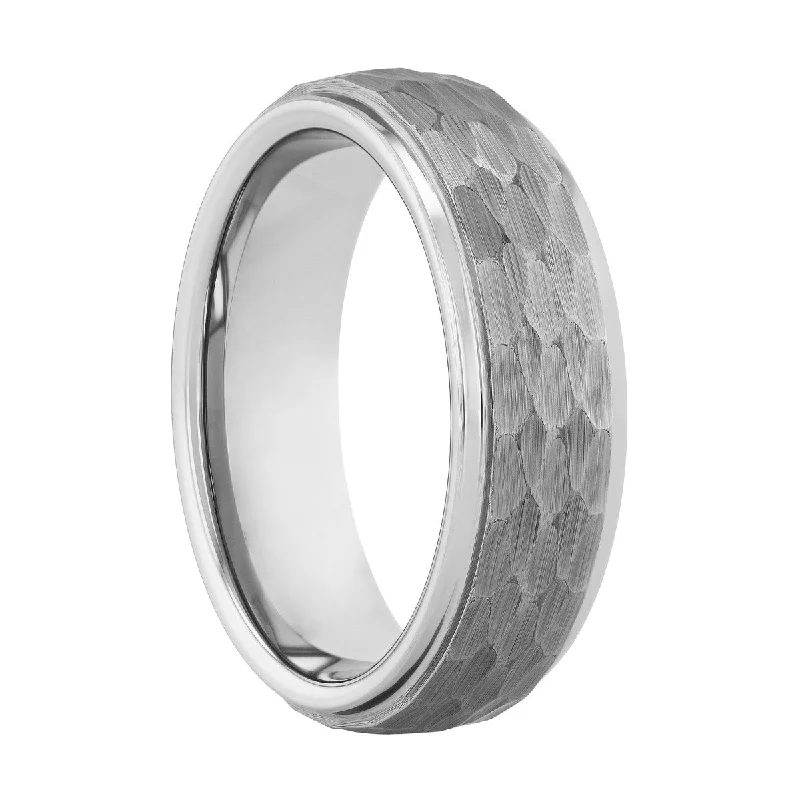 Rings featuring moonstone for ethereal finger radiance -Tungsten Hammered Step Edge Band, 6MM