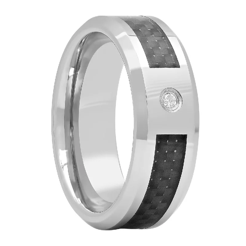 Rings with retro settings for vintage finger appeal -Tungsten .03 Ct  Round Diamond Carbon Fiber Inlay Fashion Band, 8mm