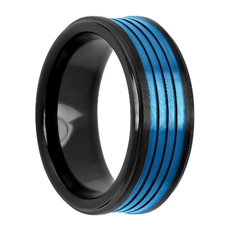 Affordable rings under fifteen dollars for quick gifts -Tungsten Black & Blue IP Grooved Band 8MM