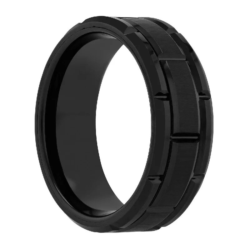 Tribal rings with ethnic stone finger patterns -Tungsten Black IP Brick Pattern Band 8MM