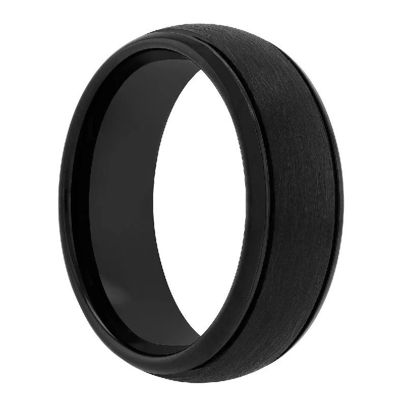 Brushed rings with textured finishes for finger grit -Tungsten Black IP Frozen Satin Center Band 8MM