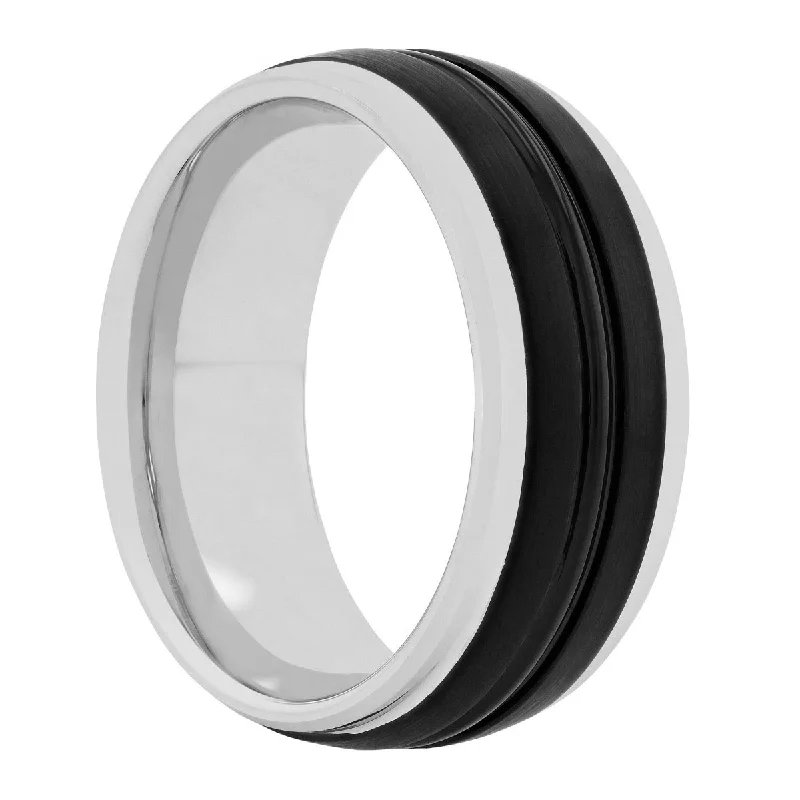 Rings with thin bands for light finger wear -Tungsten Black IP Grooved Band 8MM