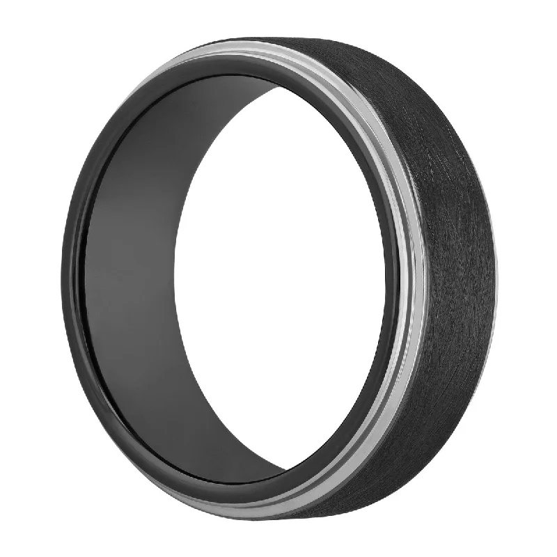 Rugged rings designed for men with bold charm -Tungsten Black IP Satin Finish Step Edge Band 8MM