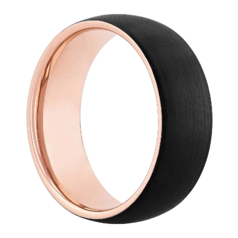 Light rings ideal for everyday finger comfort wear -Tungsten Black & Rose IP Satin Finish Band 8MM