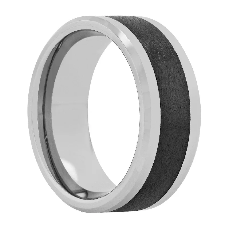 Rings perfect for layering with slim finger bands -Tungsten & Ceramic Beveled Edge Band 9MM