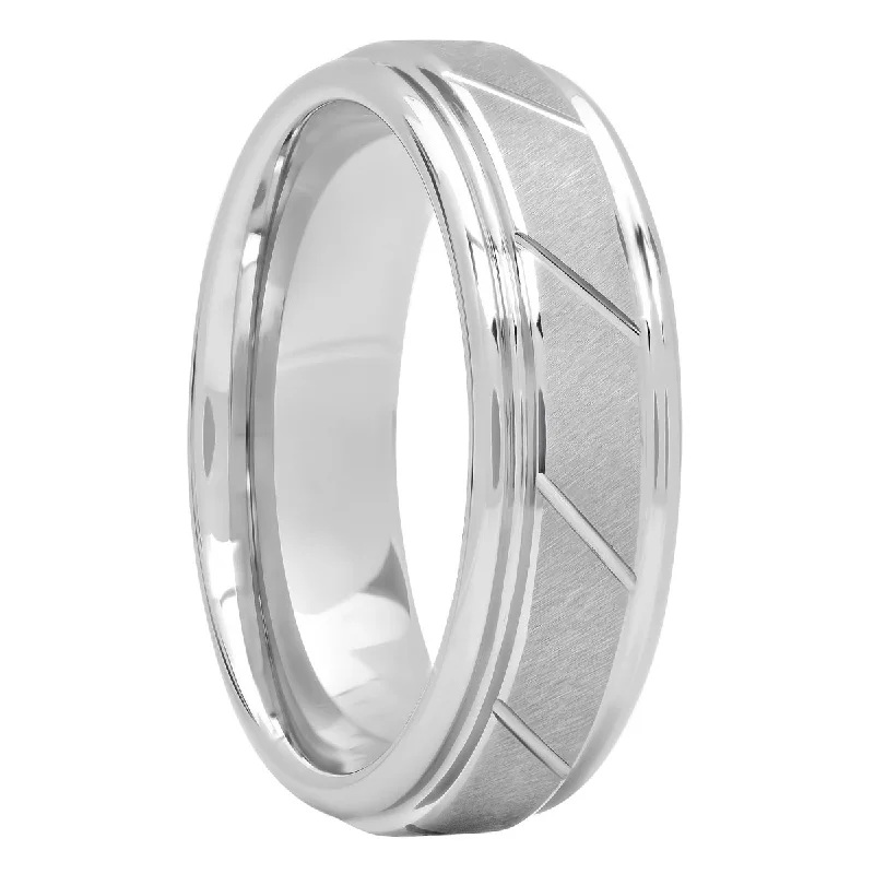 Soft rings with rose-cut stones for finger glow -Tungsten Satin Finish Slant Groove Brush Finish Wedding Band, 7mm