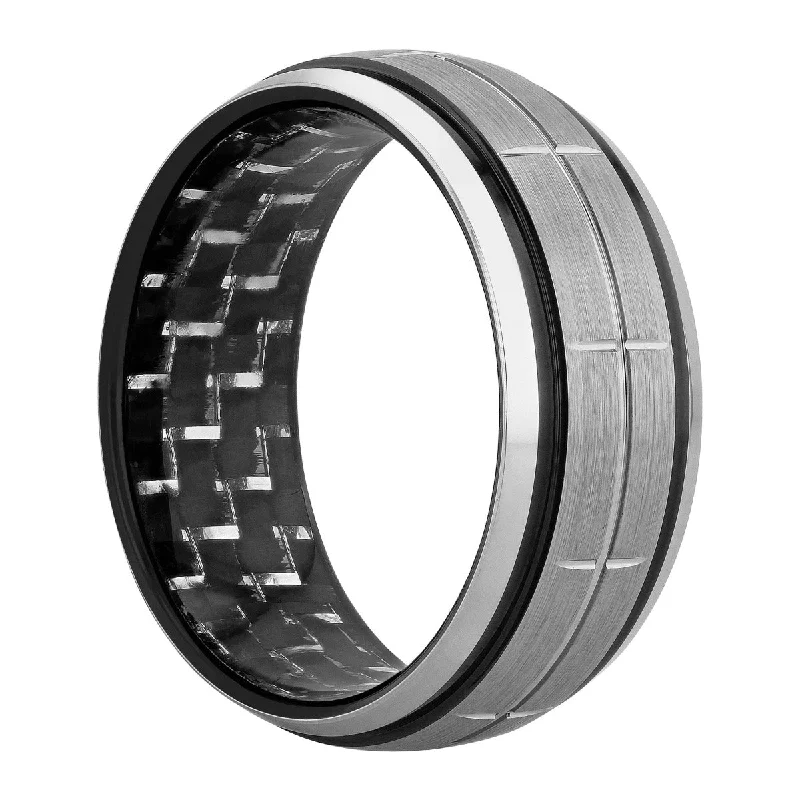 Rings featuring flexible bands for comfy finger fit -Tungsten W/Black & White Carbon Fiber Brushed Finish Grooved Band 8MM