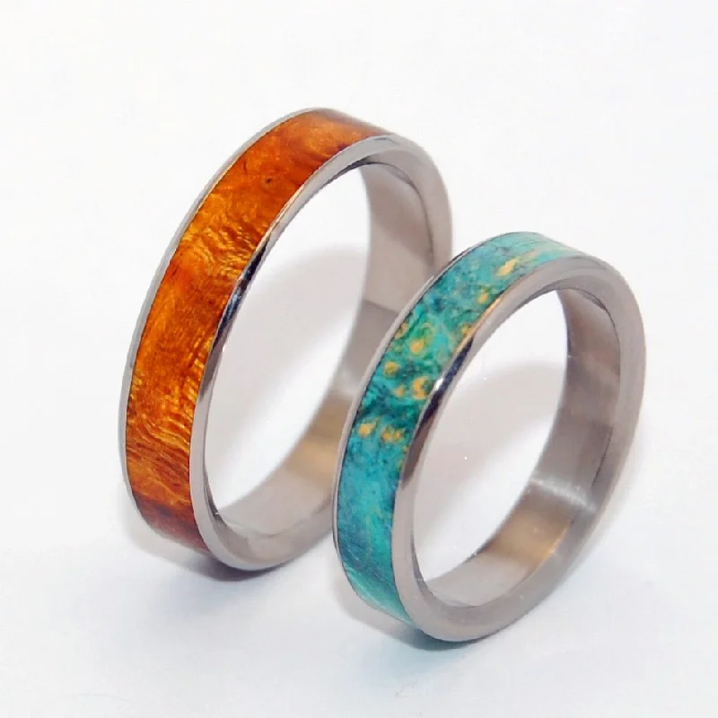 Rings with emerald stones for lush green radiance -2 Hearts 1 Soul |  Desert Ironwood & Blue Box Elder Wood Titanium & Wood Wedding Ring