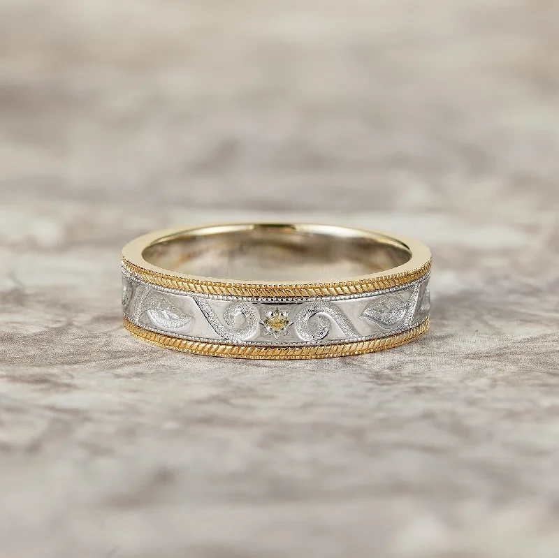 Matte rings with smooth finishes for subtle elegance -Two-Tone Scroll Design Yellow Sapphire Wedding Band - Miles