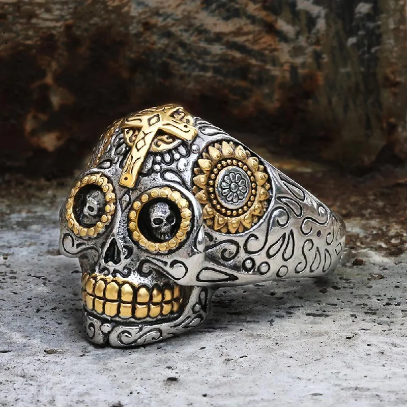 Rugged rings designed for men with bold charm -Vintage Cross Sugar Skull Ring