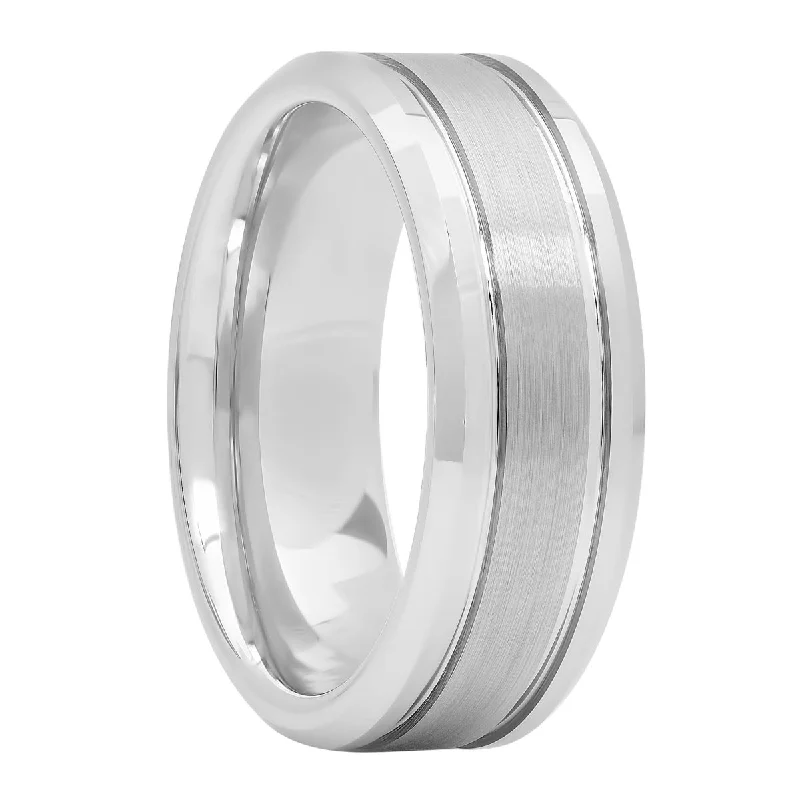 Rings perfect for holidays with festive stone charm -White Tugsten Brushed Center Double Grooved Fashion Band, 8mm