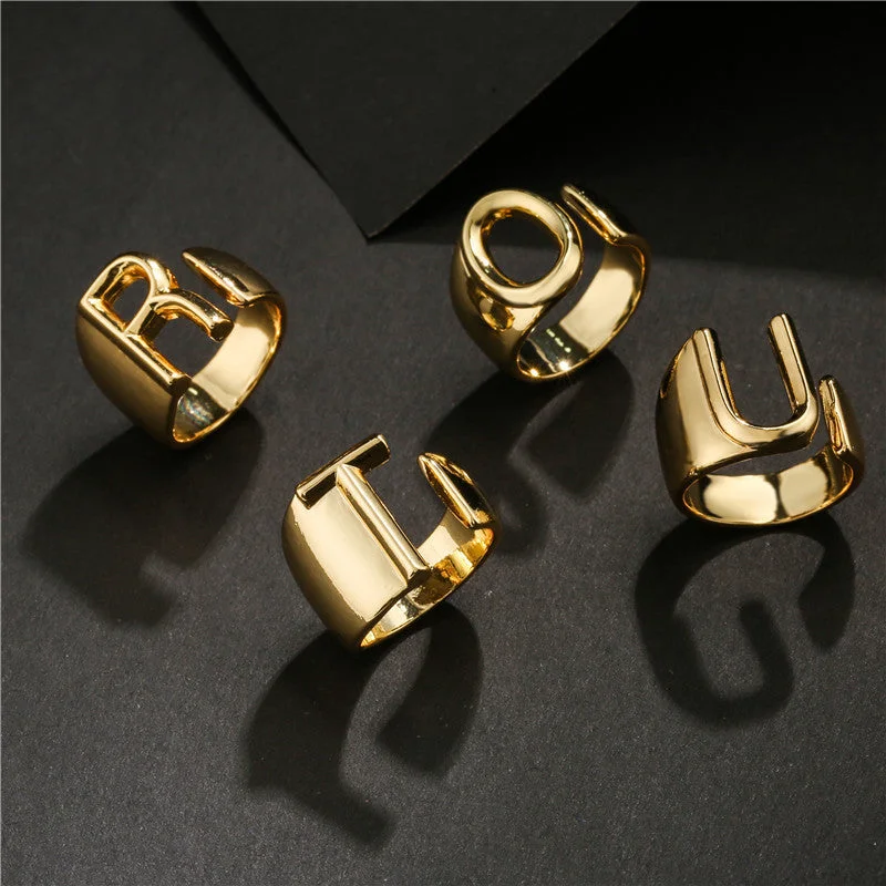 Vibrant rings with mixed gemstones for finger fun -Wholesale Copper Gold Plated 26 English Letters Open Adjustable Ring