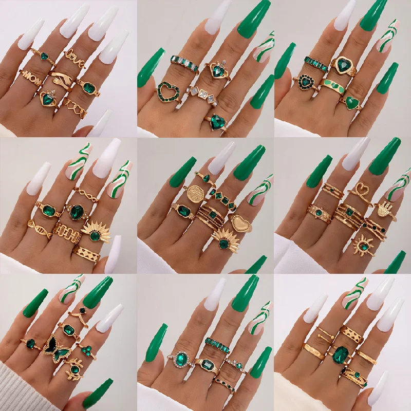 Chunky rings designed for loud finger fashion statements -Wholesale Emerald Diamond Love Palm Alloy Ring Set