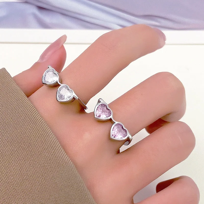 Fringe rings with stone drops for finger play -Wholesale of New Heart-shaped Zircon Glasses Alloy Rings