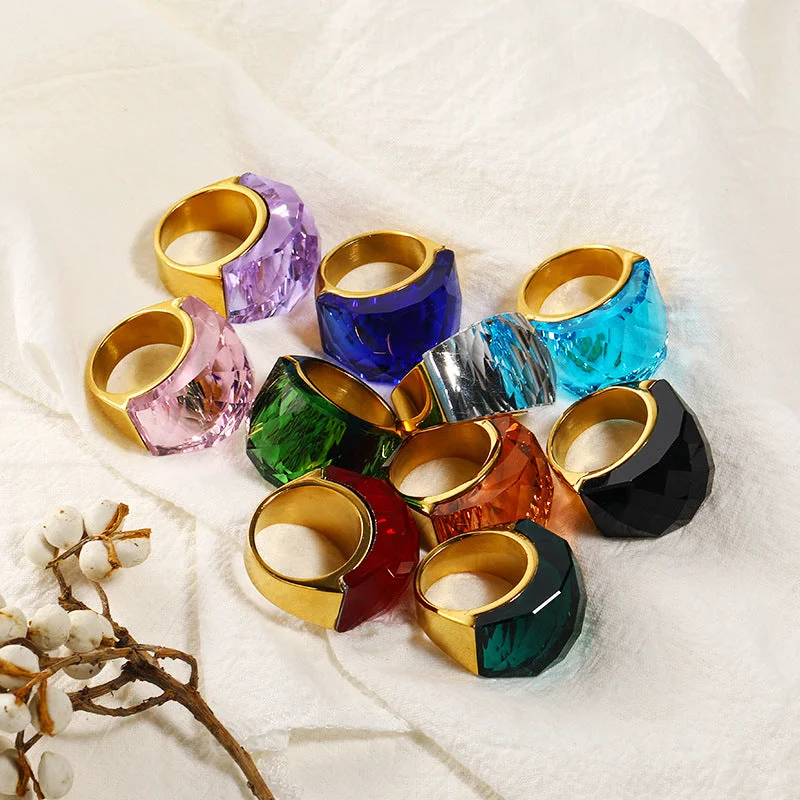 Rings featuring jade for serene green finger charm -Wholesale Titanium Steel 18k Gold Ring with Large Colored Stones