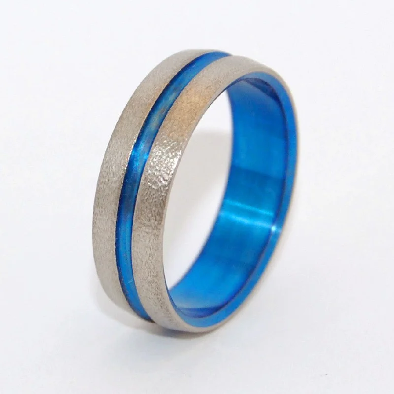 Rings with thin bands for light finger wear -Wire Wheeled Blue Signature Ring | Men's Hand Anodized & Titanium Wedding Ring