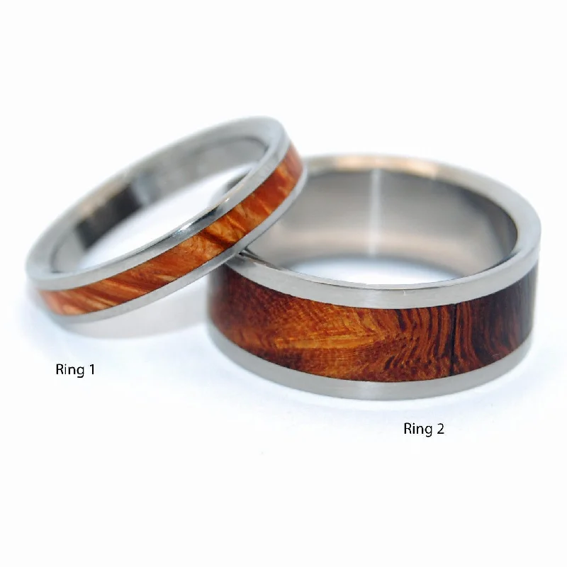 Slim rings for stackable finger fashion combinations -You At Sunrise And Desert Rose | Matching Wooden Wedding Ring Set