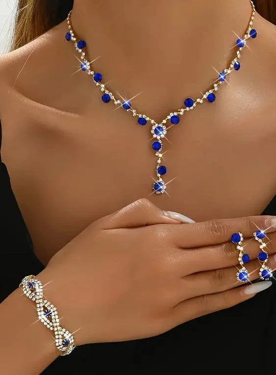 Trendy infinity bracelets for a meaningful symbol of endless love and connection -3pcs Blue Jewelry Set l Rhinestone Earrings l Necklace l Bracelet l Prom l Wedding JS-939