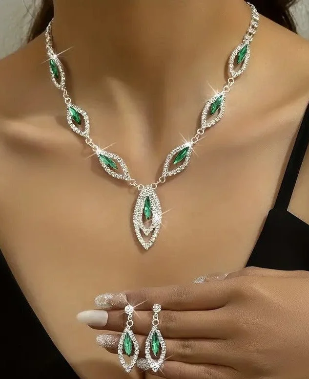 Unique twisted metal bangles with intricate details for a sophisticated, modern style -3pcs SILVER Emerald Green Jewelry Set l Rhinestone Earrings l Necklace l Bracelet l Prom l Wedding JS-932