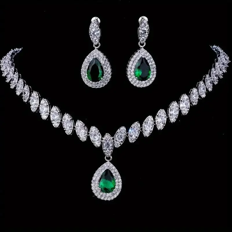 Vibrant gemstone bracelets for a unique, colorful pop of style in outfits -3pcs SILVER Emerald Green Jewelry Set l Rhinestone Earrings l Necklace l Bracelet l Prom l Wedding JS-934