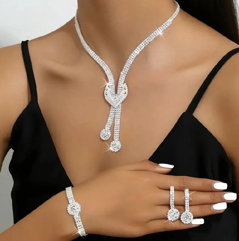 Luxury diamond bracelets for a sophisticated and sparkling statement piece -3pcs SILVER Jewelry Set l Rhinestone Earrings l Necklace l Bracelet l Prom l Wedding  JS-918