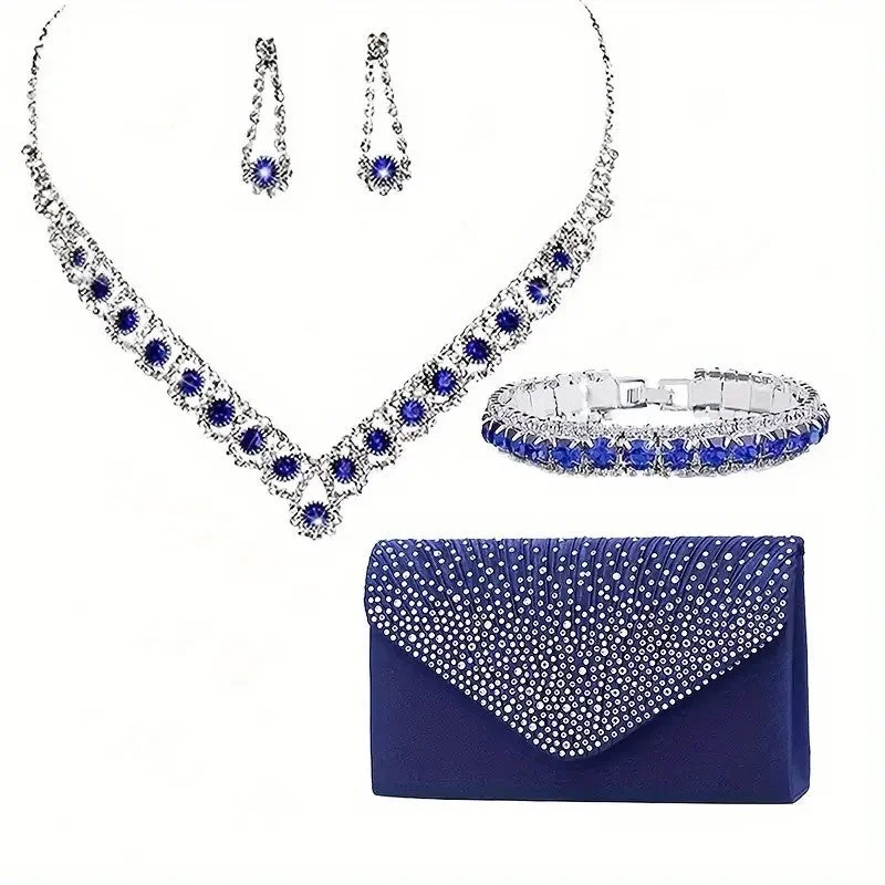 Classic bangles with simple, polished finishes for timeless elegance and style -5pcs SILVER  Blue Jewelry Set l Rhinestone Earrings l Necklace l Bracelet l Prom l Wedding  JS-922