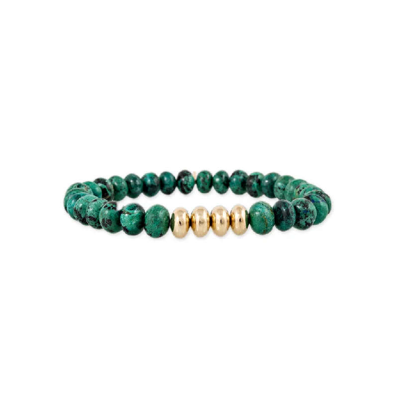 Classic gold bangles for women who love elegant, timeless accessory pieces -4 GOLD BEADS + CHRYSOCOLLA BEADED STRETCH BRACELET