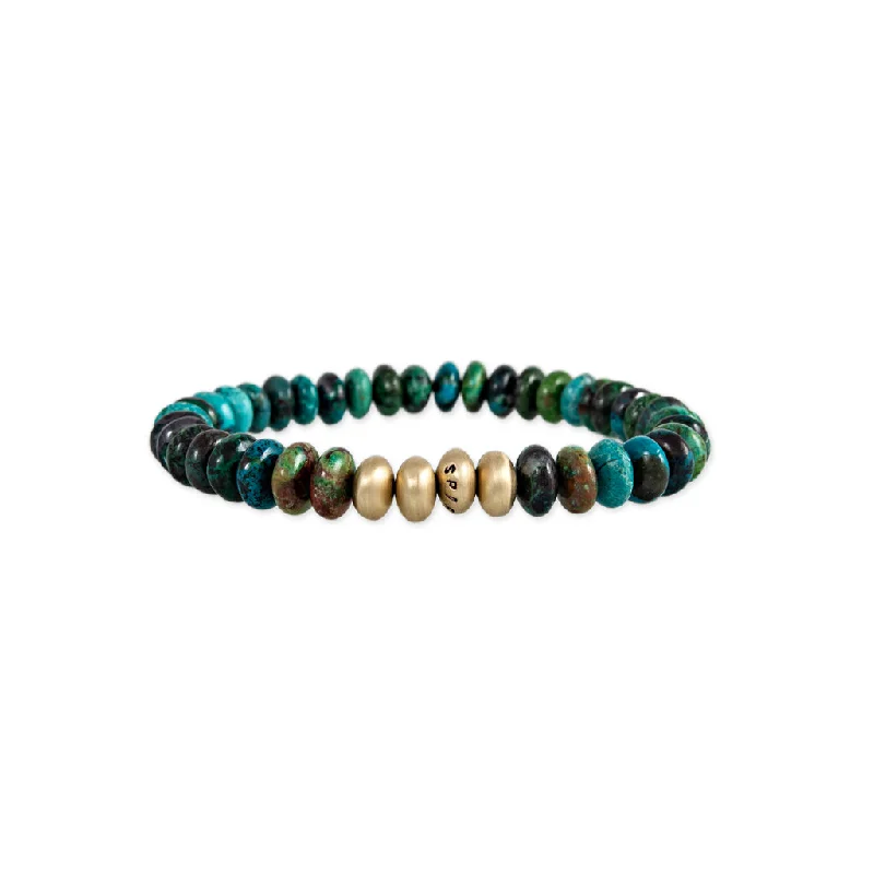 Beautiful silver bangles with intricate filigree designs for vintage-inspired elegance -4 SATIN GOLD BEADS + CHRYSOCOLLA BEADED STRETCH BRACELET