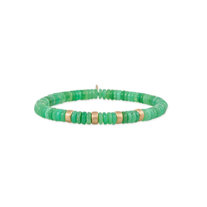 Multi-colored bangles for women who love bold, eclectic accessories to complement outfits -4 SPACED OUT GOLD BEADS + CHRYSOPRASE BEADED STRETCH BRACELET