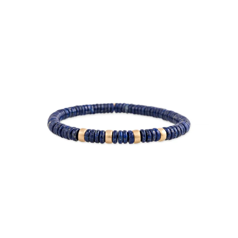 Minimalist sterling silver bangles with sleek finishes for casual, elegant wear -4 SPACED OUT GOLD BEADS + LAPIS BEADED STRETCH BRACELET