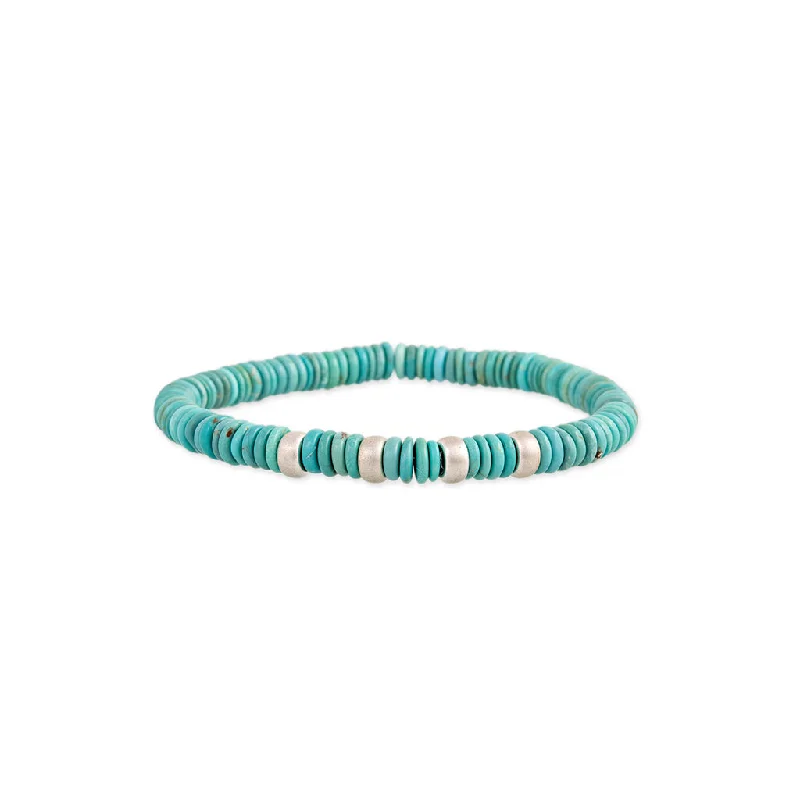 Stackable bangles with playful patterns and colors for a fun, layered look -4 SPACED OUT STERLING SILVER BEADS + TURQUOISE BEADED STRETCH BRACELET