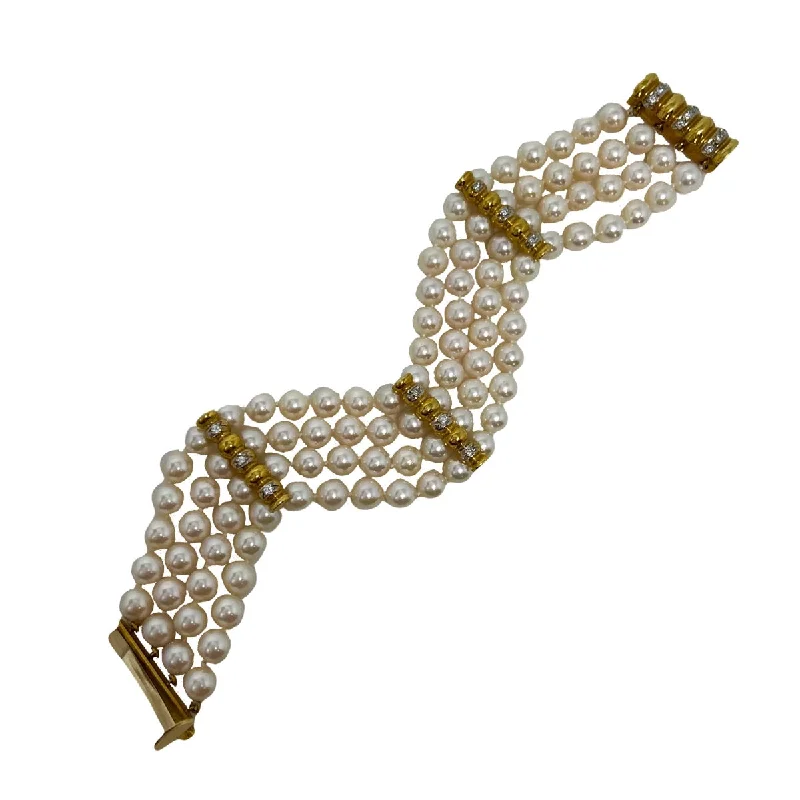 Elegant pearl bracelets for women who love classic, feminine jewelry pieces -4 Strand Pearl Bracelet with diamonds and 3 Diamond Bar Divider Bars