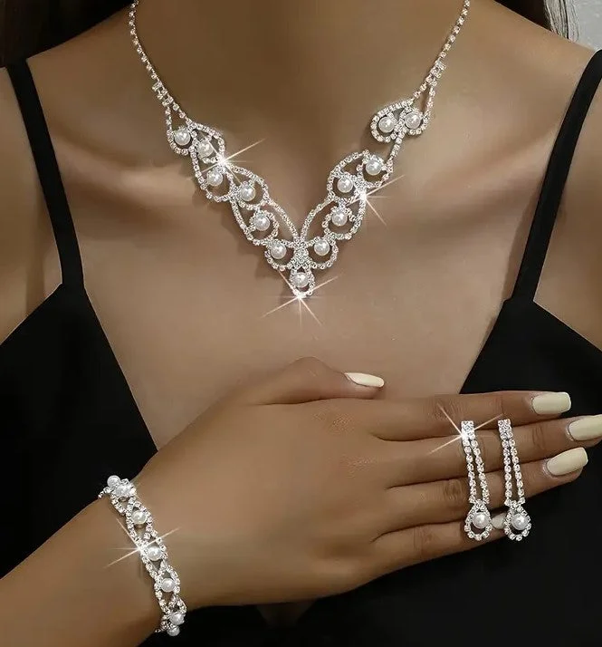 Classic chain-link bracelets for women who love timeless, versatile jewelry choices -4pcs Jewelry Set l Rhinestone Earrings l Necklace l Bracelet l Prom l Wedding JS-944