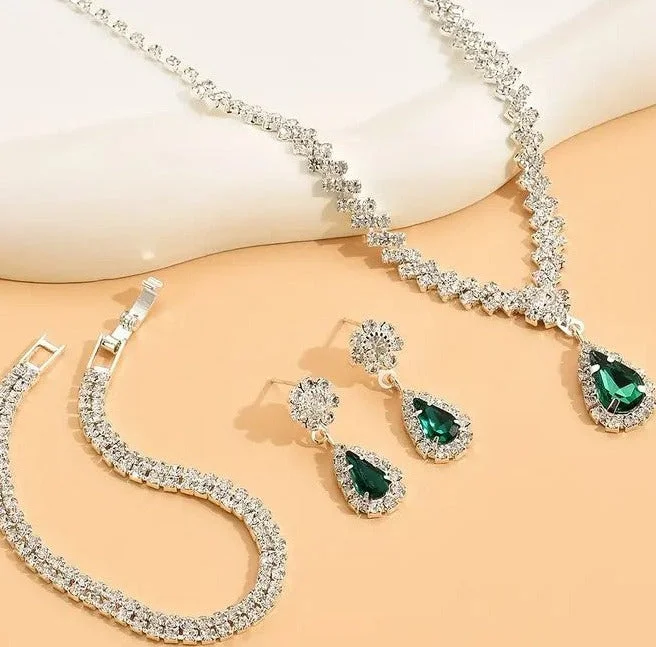 Multi-stone bracelets with emeralds, rubies, and diamonds for a luxurious, colorful look -4pcs SILVER Emerald Green Jewelry Set l Rhinestone Earrings l Necklace l Bracelet l Prom l Wedding JS-927