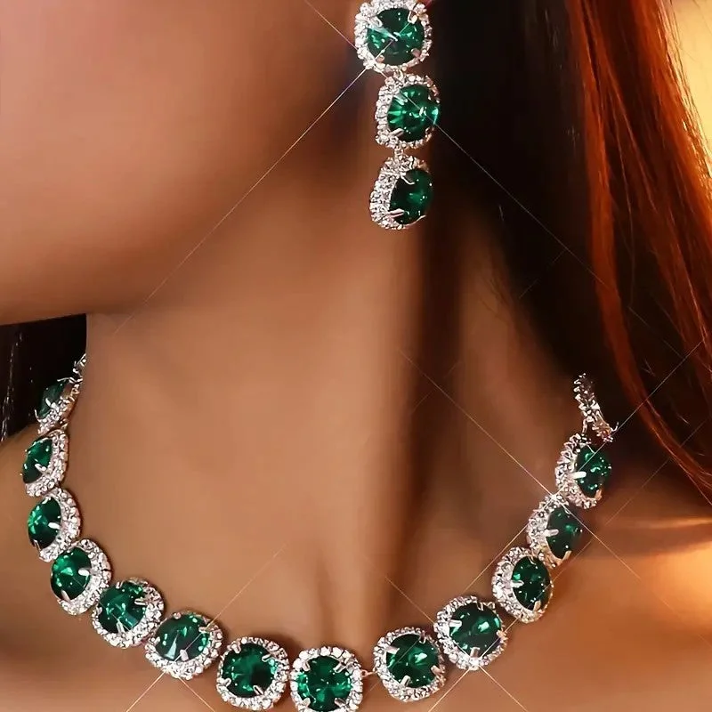 Statement gold bangles with unique textures and eye-catching designs for luxury -3pcs SILVER Emerald Green Jewelry Set l Rhinestone Earrings l Necklace l Bracelet l Prom l Wedding JS-930