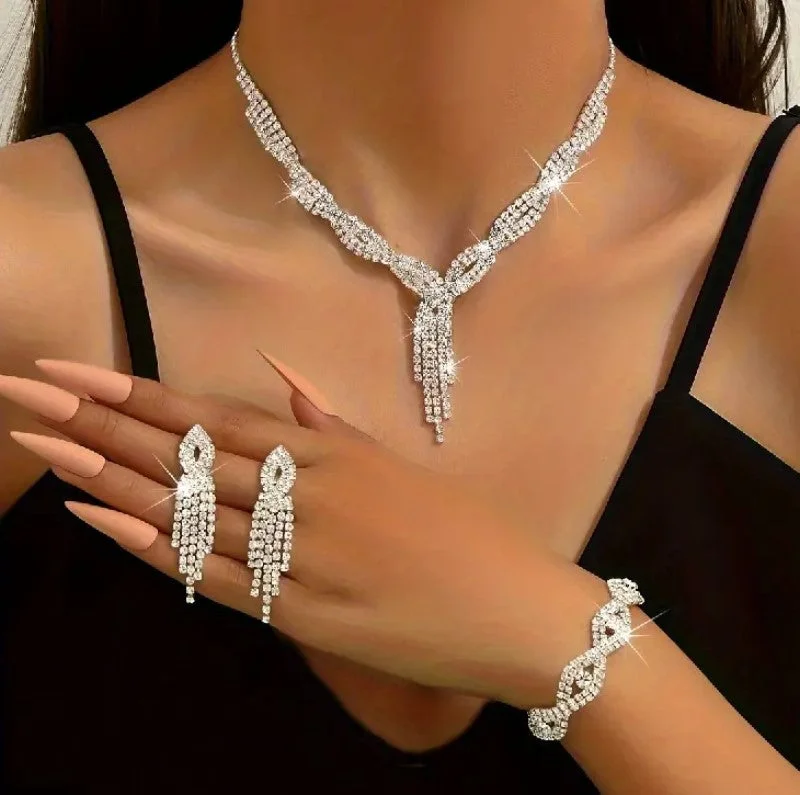 Colorful beaded bracelets for a cheerful and playful fashion accessory option -4pcs SILVER Jewelry Set l Rhinestone Earrings l Necklace l Bracelet l Prom l Wedding JS-906