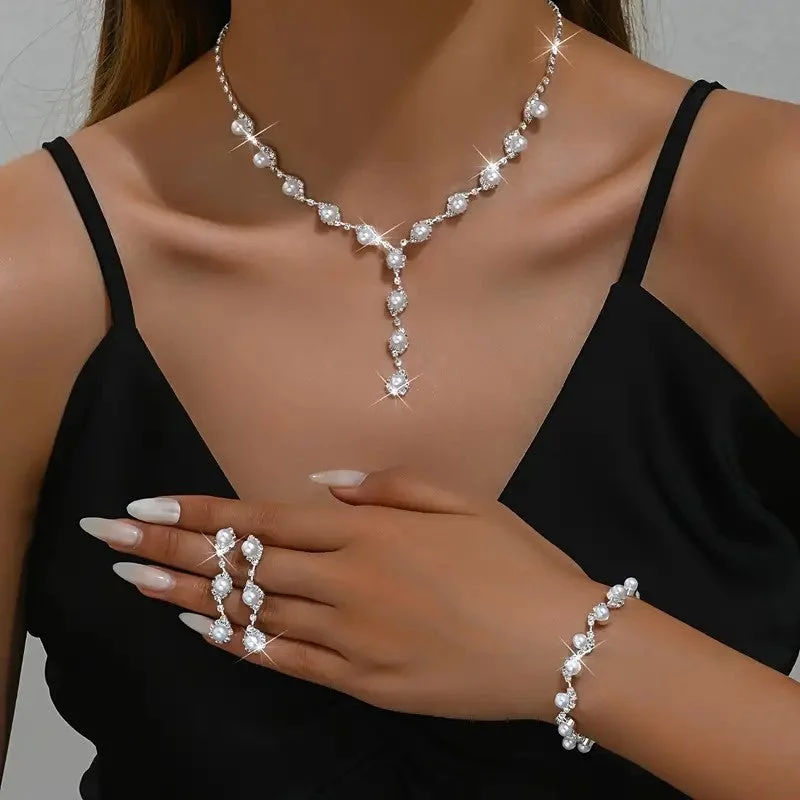 Multi-strand bracelets for women who enjoy layered, textured accessory designs -4pcs SILVER Jewelry Set l Rhinestone Pearls Earrings l Necklace l Bracelet l Prom l Wedding JS-910