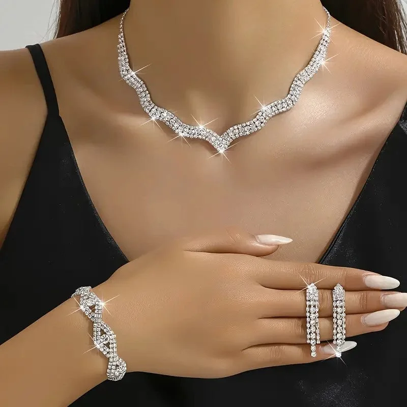 Silver cuff bracelets for women with modern, minimalist designs for everyday wear -4pcs SILVER Jewelry Set l Rhinestone Earrings l Necklace l Bracelet l Prom l Wedding JS-904