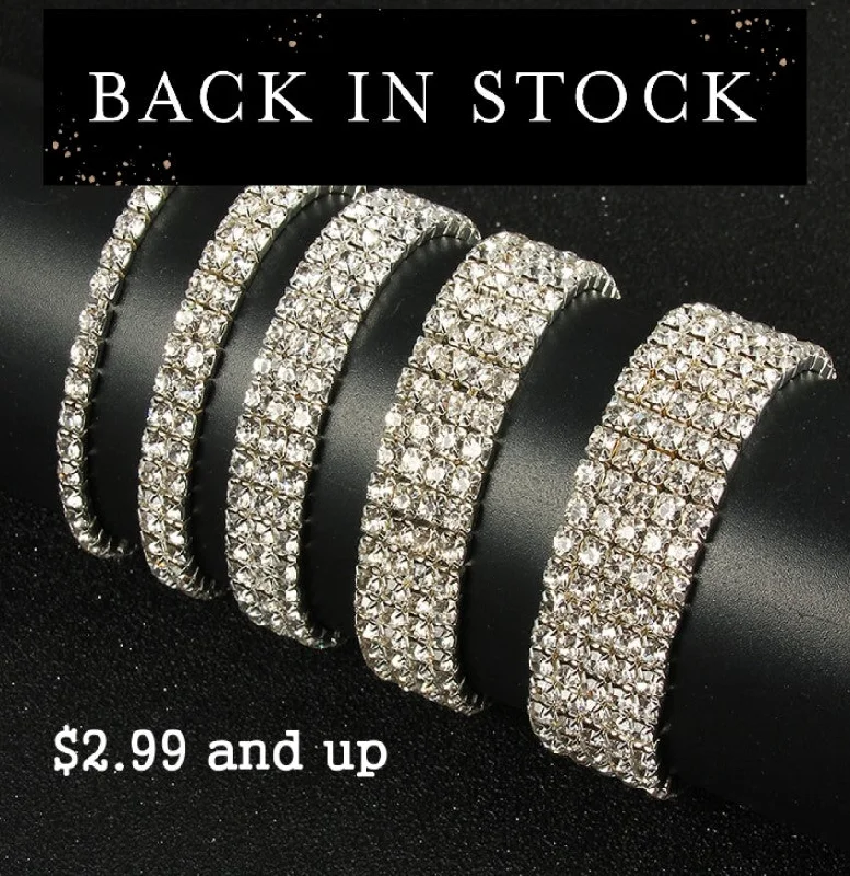 Stackable silver bangles for a coordinated and trendy layered jewelry look -1-5 Rows Stretch Rhinestone Bracelet - Clear Crystal Silver Bridal Prom Rhinestone Jewelry BRL - 001