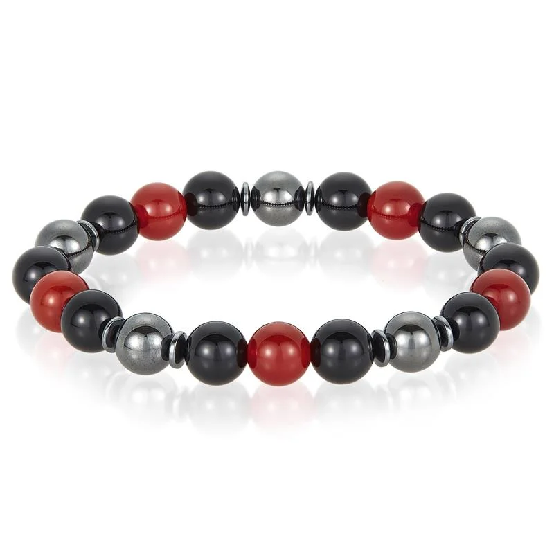 Stackable bangles with intricate designs for women who love trendy, layered looks -Crucible Los Angeles 10mm Bead Stretch Bracelet Featuring Red Agate, Shiny Black Onyx and Magnetic Hematite