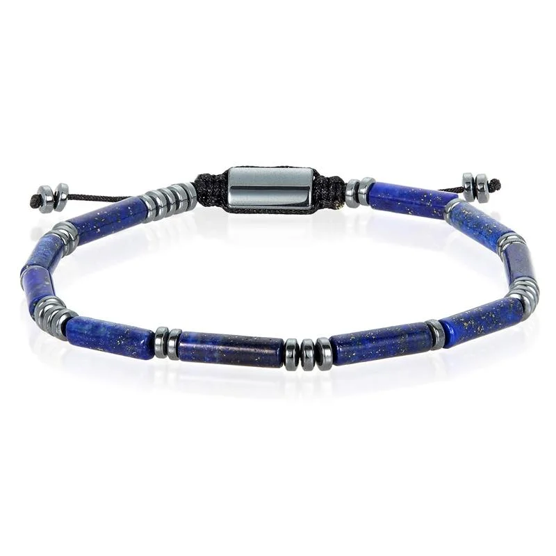 Multi-colored bangles for women who love bold, eclectic accessories to complement outfits -Crucible Los Angeles Hematite and Lapis Lazuli Tube Stone Hematite Bead Adjustable Cord Tie Bracelet