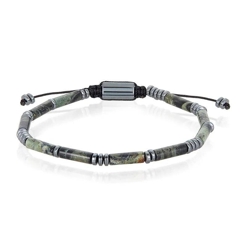 Simple braided leather bangles for casual, everyday accessories with rugged charm -Crucible Los Angeles Hematite and Rainforest Jasper Tube Stone Hematite Bead Adjustable Cord Tie Bracelet