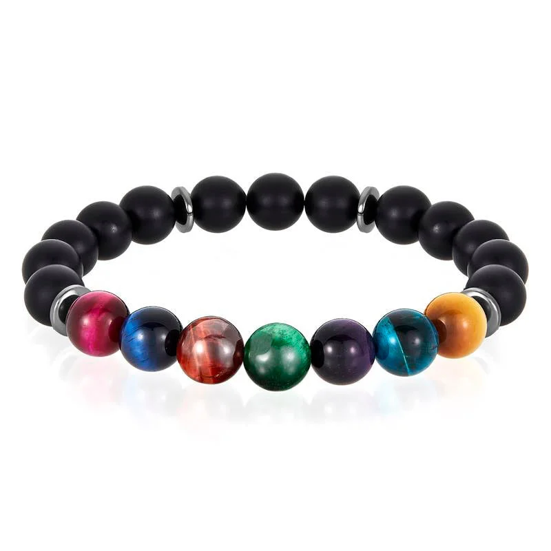 Custom photo bracelets with images or designs for a personalized, meaningful gift -Crucible Los Angeles Multi-Tiger Eye and Black Matte Onyx Bead Stretch Bracelet (10mm) Choose Small or Large