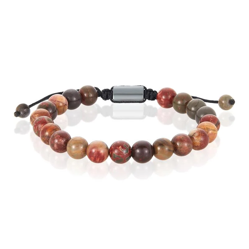 Dainty bracelets with tiny charms for a delicate, feminine accessory choice -Crucible Los Angeles Picasso Jasper Natural Stone 8mm Beads on Adjustable Cord Tie Bracelet